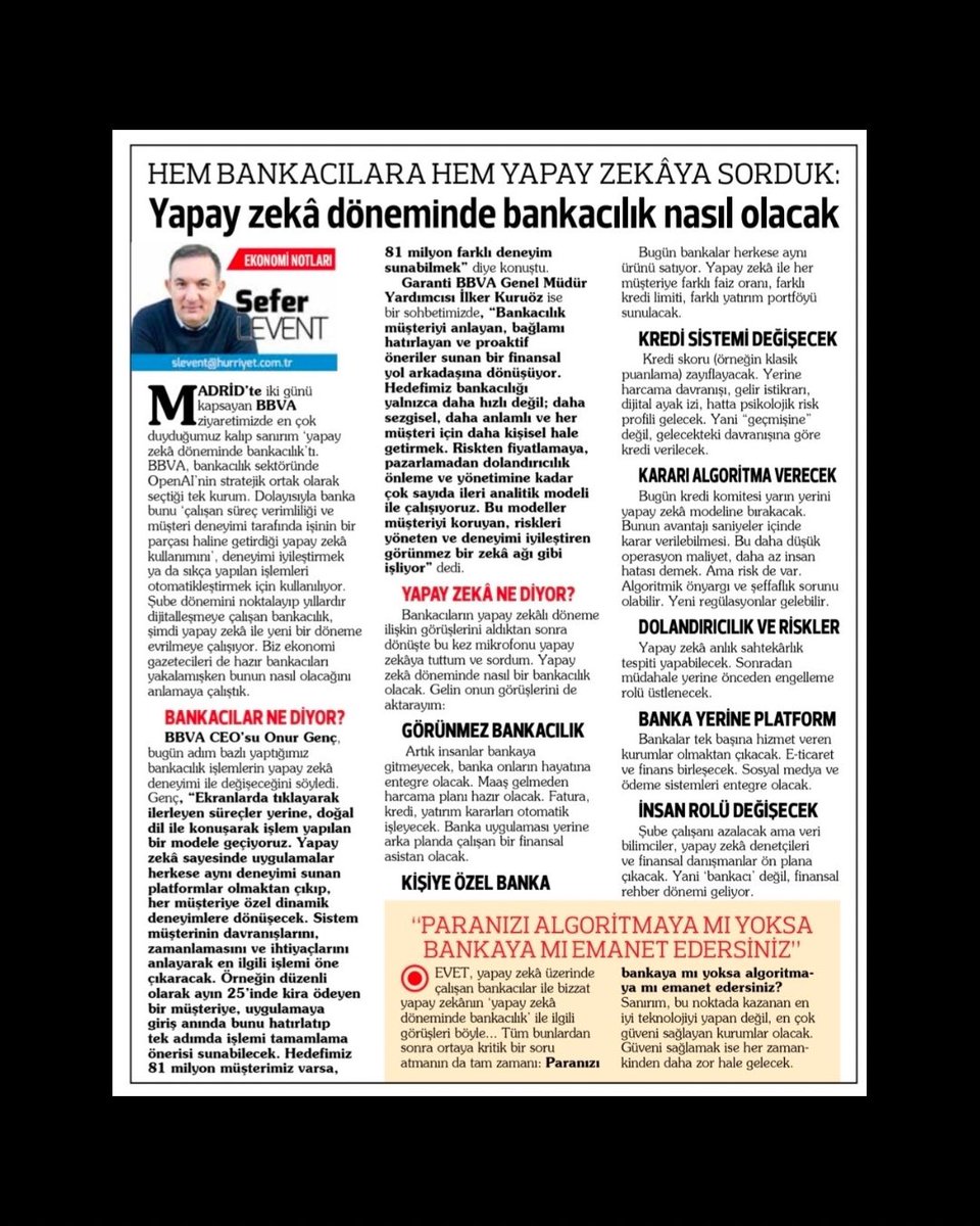 seferlevent's tweet photo. Yapay zeka döneminde bankacılık nasıl olacak? Hem bankacılara hem yapay zekaya sorduk:

‼️ Bankacılık artık “uygulama” değil, arka planda çalışan bir finansal asistan olacak
Sen düşünmeden para yönetilecek.

‼️ Yeni dönemde banka herkese aynı ürünü satmayacak
81 milyon müşteri, 81 milyon farklı banka deneyimi yaşayacak.

‼️ Kredi sistemi kökten değişiyor
Geçmişine değil, gelecekte nasıl davranacağına göre kredi alacaksın.

‼️ Kredi komitesi gidiyor, algoritma geliyor
Karar saniyeler içinde verilecek ama risk: görünmeyen önyargılar olacak.

‼️ Asıl yarış teknolojide değil, güvenilirlikte yaşanacak
“Parayı kime emanet edeceksin? Bankaya mı, algoritmaya mı?”

Yazımın tamamına ulaşmak için linke tıklayabilirsiniz. https://t.co/RTvrmh7IN0 

#YapayZeka #Finans #Bankacılık #Teknoloji #DijitalDönüşüm