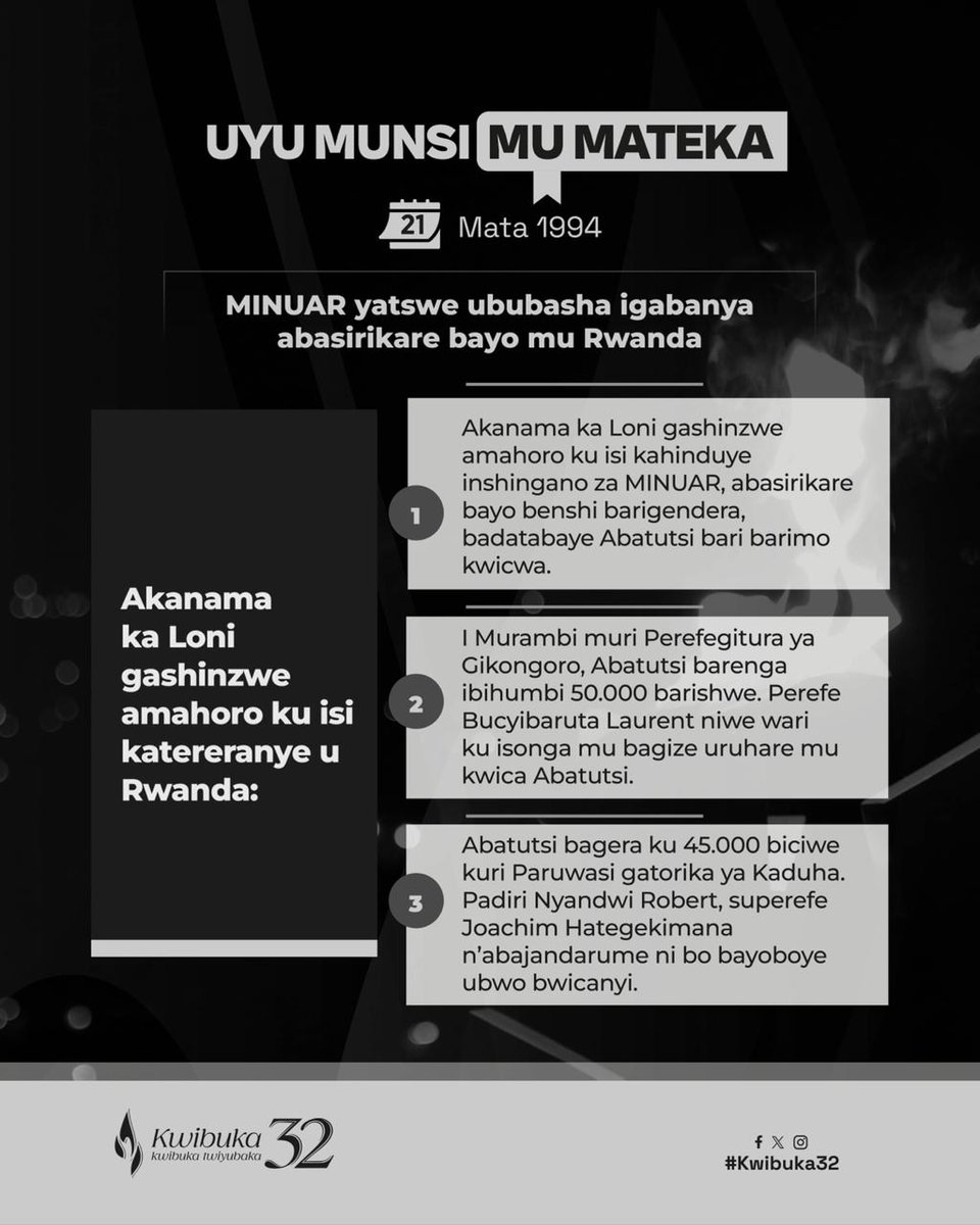 KwibukaRwanda's tweet photo. UYU MUNSI MU MATEKA

Ku wa 21 Mata 1994, MINUAR yacyuye ingabo zayo hasigara 250 gusa. Uwo munsi kandi, Abatutsi basaga 50.000 biciwe i Murambi muri Perefegitura Gikongoro.

Kwibuka, twiyubaka.
---
TODAY IN HISTORY

On 21 April 1994, UNAMIR withdrew most of its forces, leaving only 250 troops in Rwanda. On the same day, 50,000 Tutsi were killed in Murambi, Gikongoro Prefecture.

Remember, unite, renew.
---
CE JOUR-LÀ DANS L’HISTOIRE

Le 21 avril 1994, de la MINUAR a retiré la plupart de ses forces, ne laissant que 250 soldats au Rwanda. Le même jour, 50 000 Tutsi ont été tués à Murambi, dans la préfecture de Gikongoro.

Se souvenir, bâtir, ensemble.

#Kwibuka32