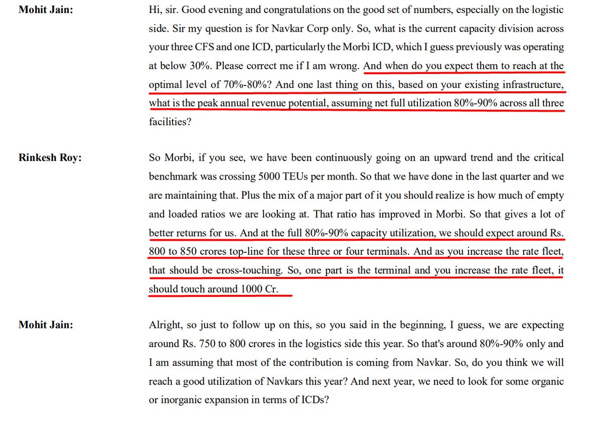 Utsav_Bahety's tweet photo. #Navkarcorp In one of their earlier con-calls the management had mentioned that at 80-90% utilization the company might do 800-850 crs. of revenue. Q4 revenue is at 200 crs. so I think that the company has hit the 80-90% capacity utilization mark.

This year will be interesting. We will have a full year of optimum utilization so expecting margin uptick and they might go for capex as well.
#StockMarkets