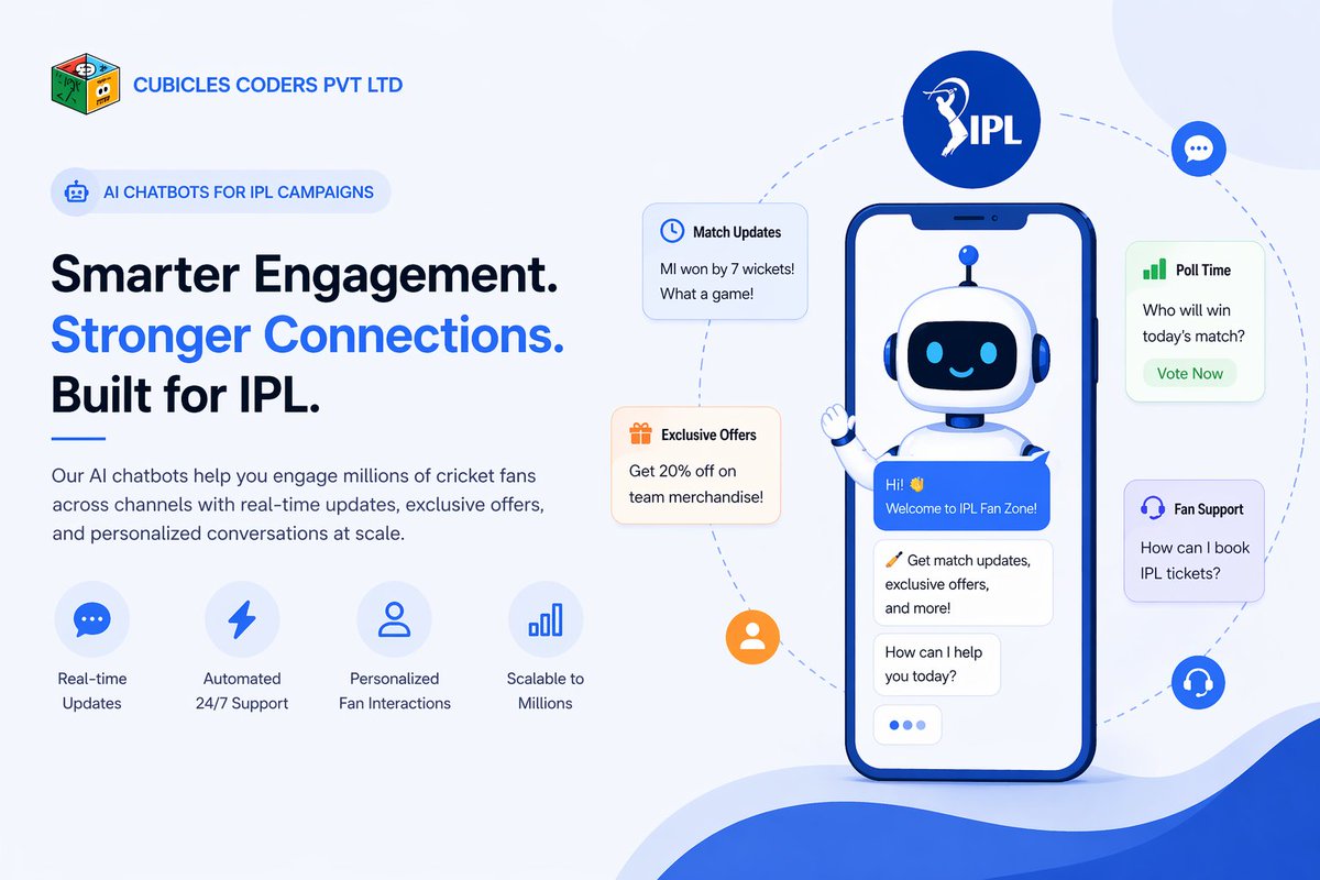 cubiclescoders's tweet image. Chatbots are transforming IPL campaigns. From live score alerts to instant offers and fan polls, they engage millions in real time. Always on, always responsive, driving deeper fan connections at scale. #IPLMarketing #Chatbots #DigitalEngagement #SportsMarketing #MarTech