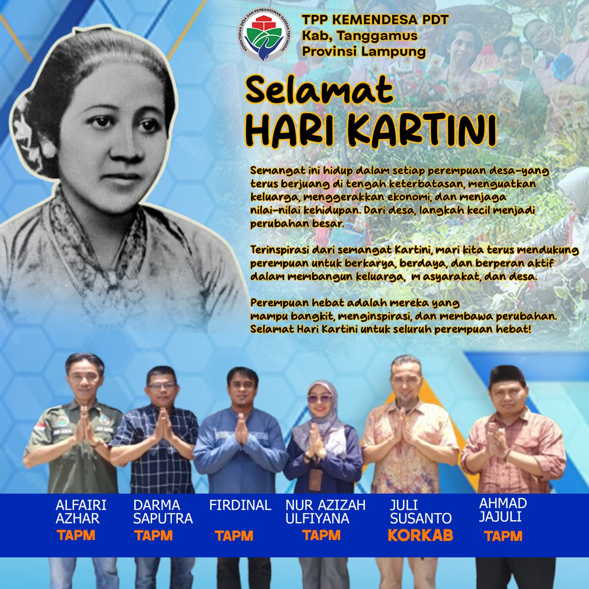 BangHerman20's tweet photo. Selamat hari Kartini

@prabowo
@YandriSusanto

#KemendesaPDT #BangunDesaBangunIndonesia #BPSDMKemendesaPDT
#TPPindonesia https://t.co/0yed0MK15f