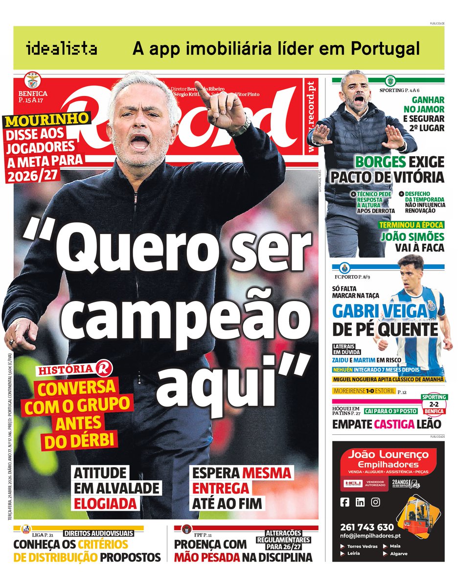 Record_Portugal's tweet image. Bom dia! A primeira página de Record de hoje, 21 de abril #capa #record