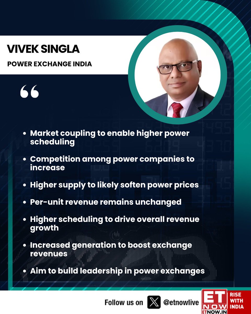ETNOWlive's tweet image. #OnETNOW | "Market coupling to enable higher power scheduling," says Vivek Singla of Power Exchange India

He states that higher supply to likely soften power prices and that competition and revenue will increase - here are the key highlights👇  

@exchange_power #power