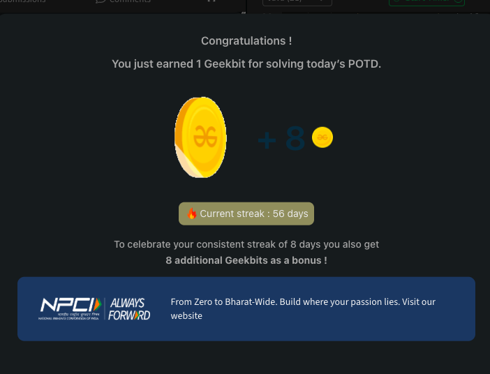 ayushi__ofc's tweet photo. 💧Day 56/60 – #geekstreak60
Solved 2 Water Jug Problem on @geeksforgeeks
✔ Used GCD condition to check possibility
✔ Simulated both pouring directions
✔ Found minimum operations efficiently
Powered by @NPCI_NPCI
#npci #GeeksforGeeks #POTD #DSA #Java #CodingJourney #WomenInTech https://t.co/bOzfwRLahf