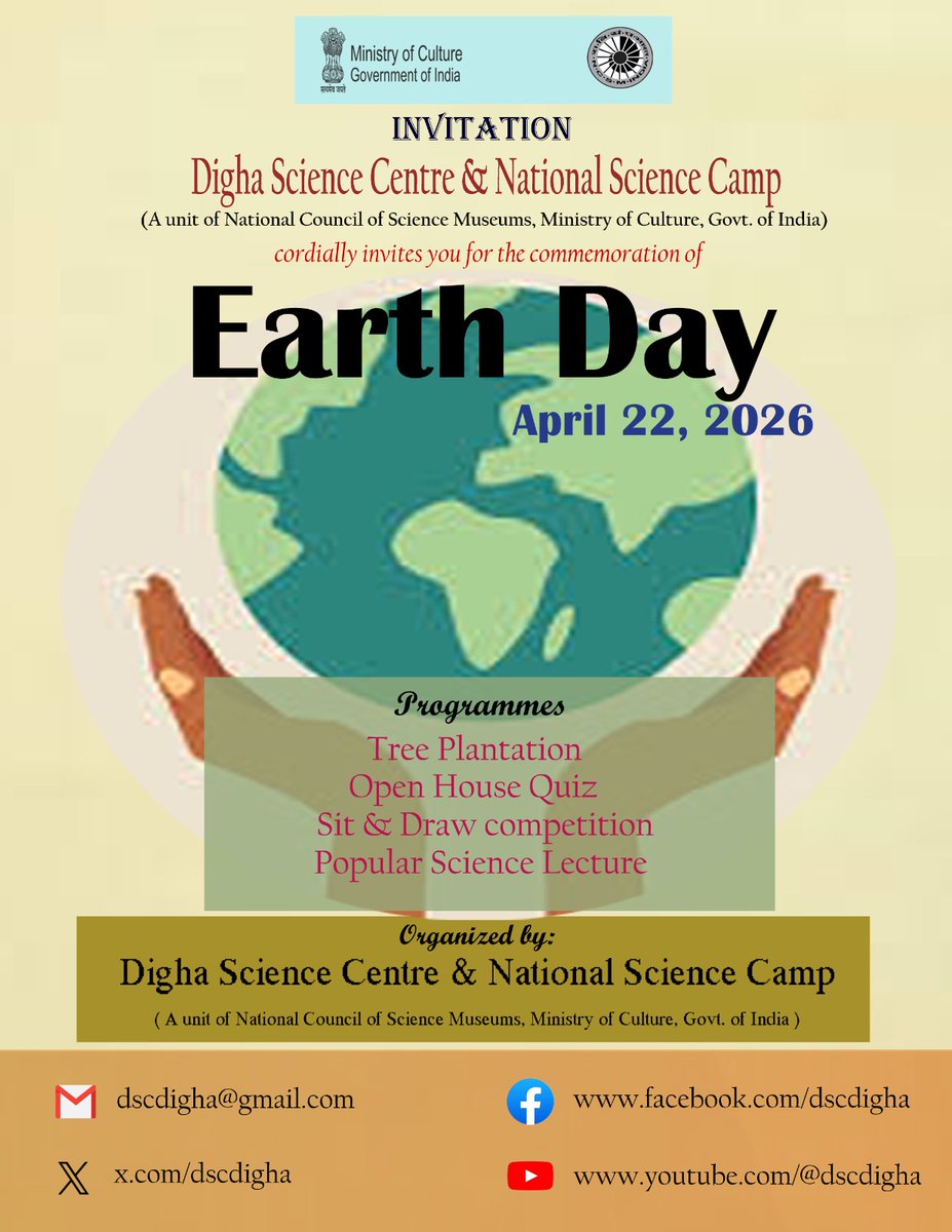 ncsmgoi's tweet image. Be a part of a greener tomorrow this #EarthDay, at @dscdigha, a unit of @ncsmgoi, @MinOfCultureGoI, on April 22, with engaging activities and meaningful action for the planet. 🌱 

#DighaScienceCentre #GoGreen #SustainableFuture #ScienceForAll #EnvironmentMatters #MoCIndia
