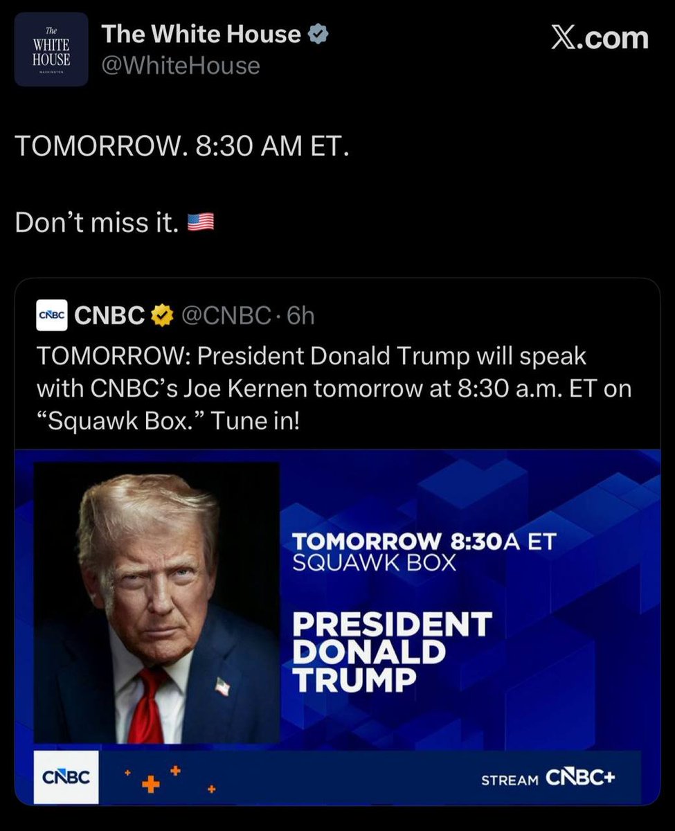 invest_Diary's tweet image. JUST IN: 🔥 トランプ氏、明日再びテレビ出演へ

ドナルド・トランプ大統領が、CNBCの番組「Squawk Box」にてジョー・カーネン氏との対談を行う予定です。

🔔 日時：明日 21:30（日本時間）

#Trump #CNBC #SquawkBox #トランプ大統領 #マーケット速報 #米国経済