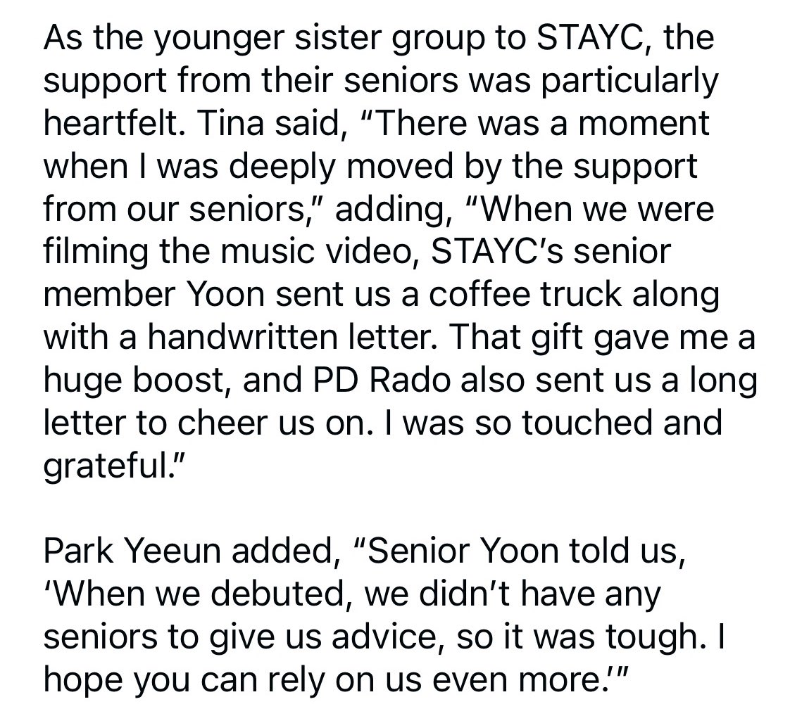 unchild revealed during their debut showcase that yoon sent them a coffee truck for their music video filming 🥹

yoon also shared in a letter: “when we debuted, we didn’t have any seniors to give us advice, so it was tough. i hope you can rely on us even more” 

#STAYC #스테이씨