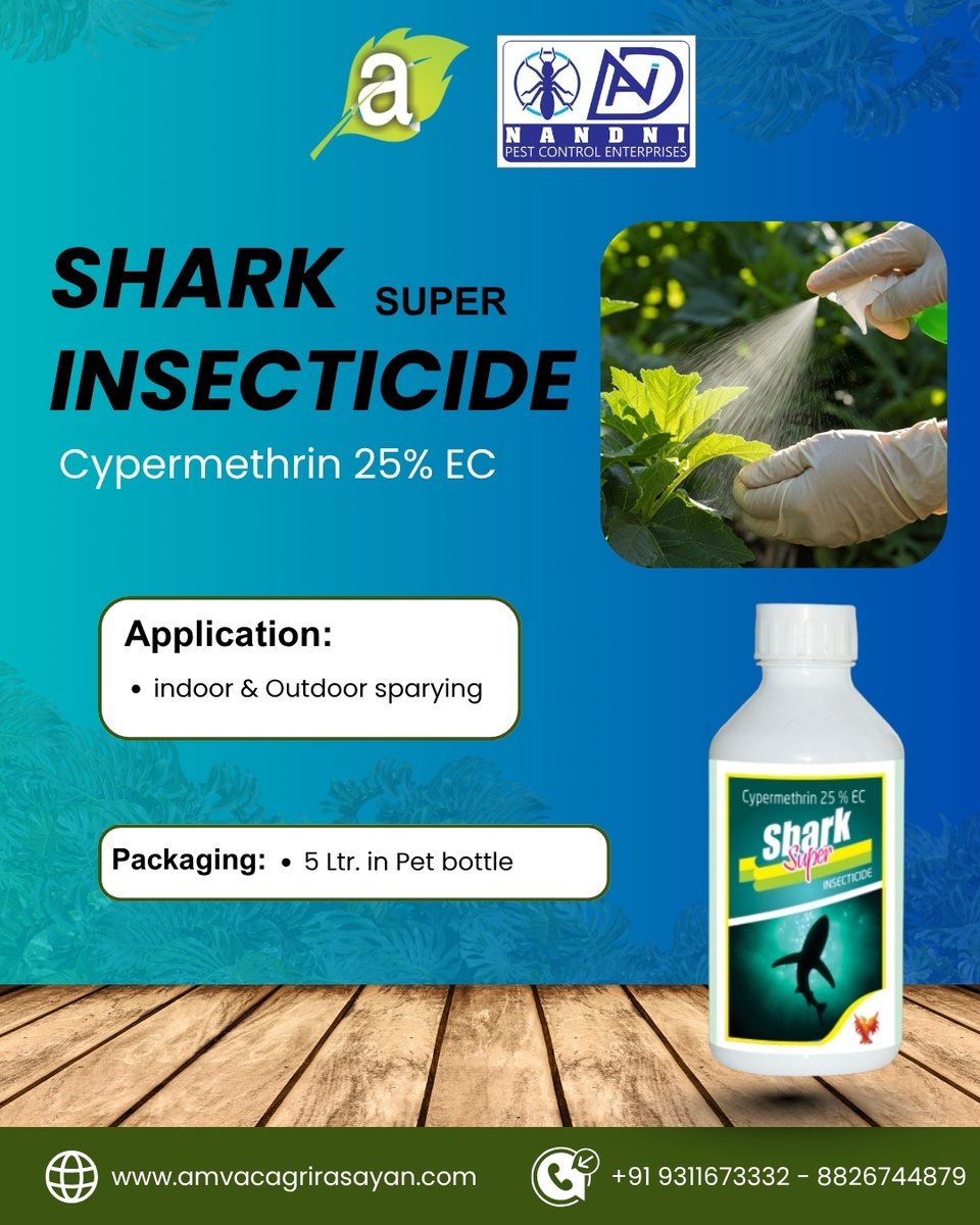 agrirasaya20327's tweet image. Protect your crops and property with Shark Super Insecticide, a powerful solution featuring Cypermethrin 25% EC. Designed for high-efficiency pest control.

🌐 Website: amvacagrirasayan.com

#SharkSuper #Insecticide #PestControl #AgricultureIndia #Cypermethrin #CropProtection