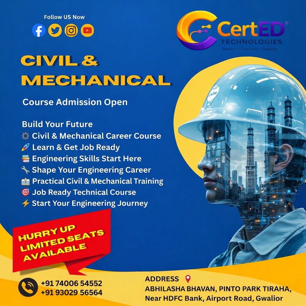 sharma93pravee1's tweet image. 🚀 Admissions Open for Civil &amp;amp; Mechanical Courses!
Learn practical skills, get job-ready training &amp;amp; build your future. Limited seats available.
📍 Gwalior
📞 +91 74006 54552 | +91 93029 56564

#CivilEngineering #MechanicalEngineering #AdmissionOpen #Gwalior
