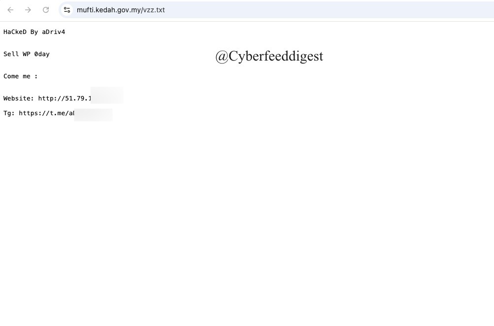 cyberfeeddigest's tweet image. A governmental website of #Malaysia hxxps://mufti.kedah.gov.my/vzz.txt
#HaCkeD By aDriv4

#Hack #Defacement #Malaysia