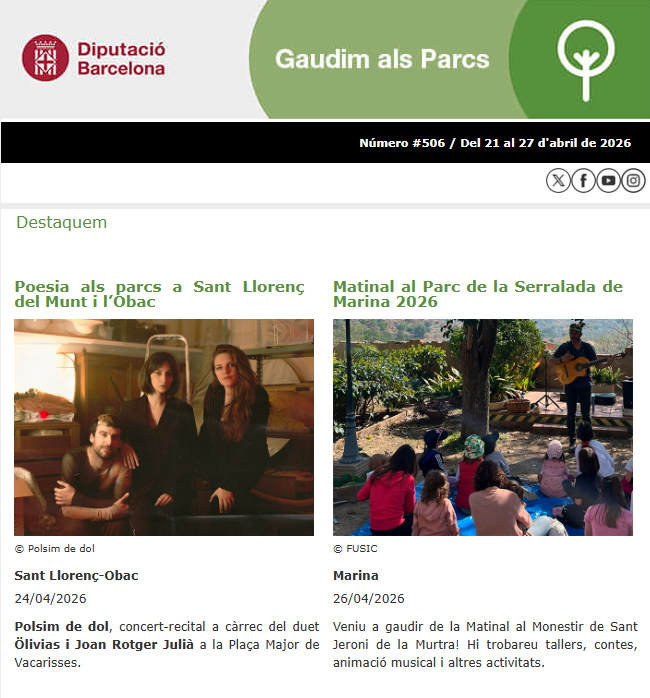 xarxadeparcs's tweet photo. 💚 Aquesta setmana, a la #XarxadeParcs, podeu venir al concert-recital de #PoesiaAlsParcs "Polsim de dol", al #ParcSantLlorenç, i tampoc us podeu perdre la Matinal de #ViuelParc al Parc de la Serralada de Marina! I moltes activitats més! Consulteu-les!
ℹ️https://t.co/EVBJtjgPLR https://t.co/hSmEpHRpDM