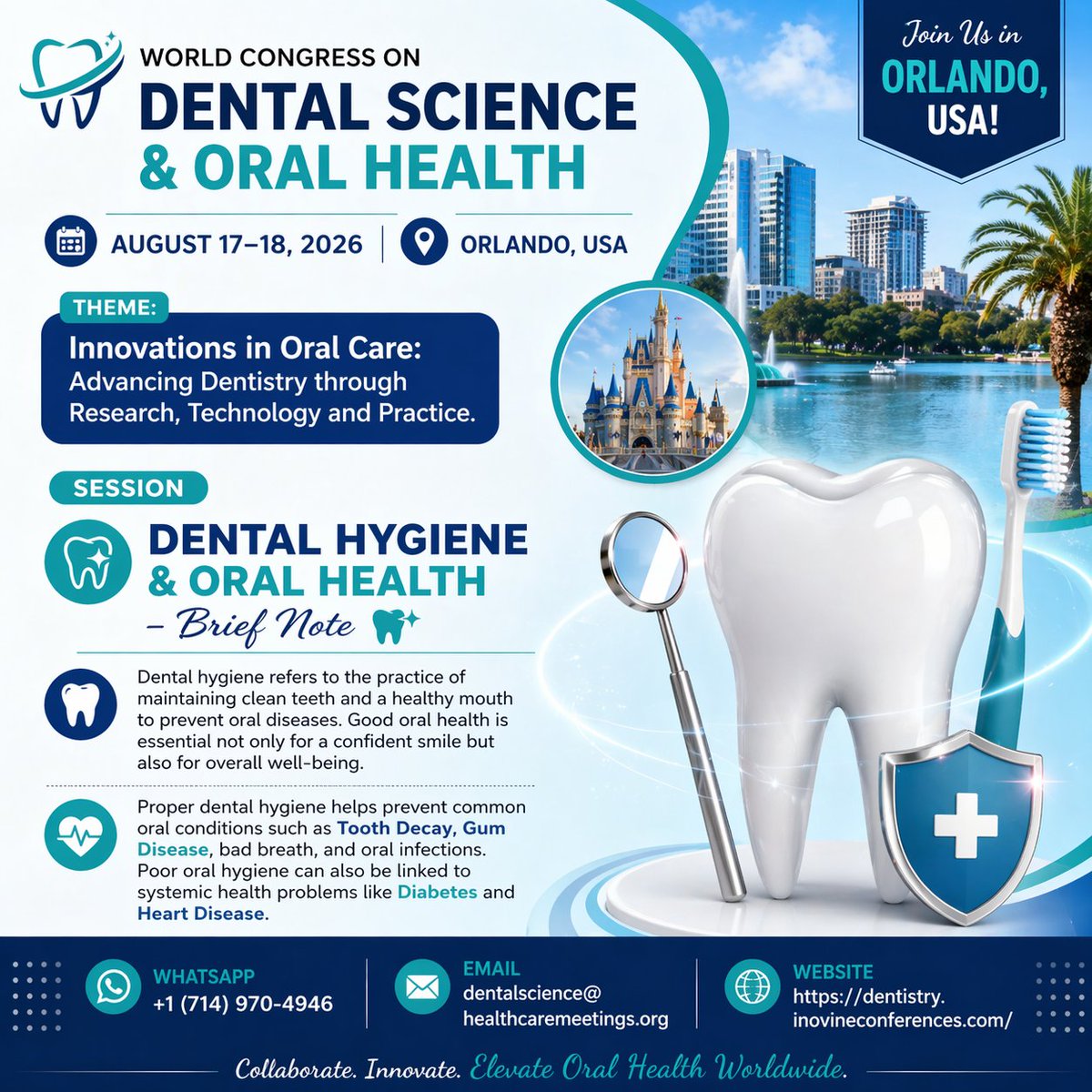 InovineMeetings's tweet image. 🦷 World Congress on Dental Science &amp;amp; Oral Health 2026
📅 Date: August 17–18, 2026
📍 Location: Orlando, USA
🌐 Website: dentistry.inovineconferences.com

#DentalScience #OralHealth #DentalConference #Dentistry #inovineconferences