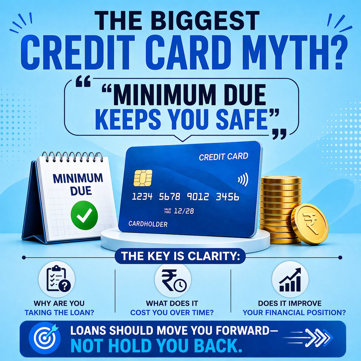 BSMktServices's tweet photo. Biggest credit card myth?
Minimum due keeps you safe.❌

It avoids late fees, not interest.
Small balances → Big debt.

Pay full outstanding.
Discipline > convenience.

#creditcard #PersonalFinance #SpendSmart #financialtips https://t.co/ituqmJRxph
