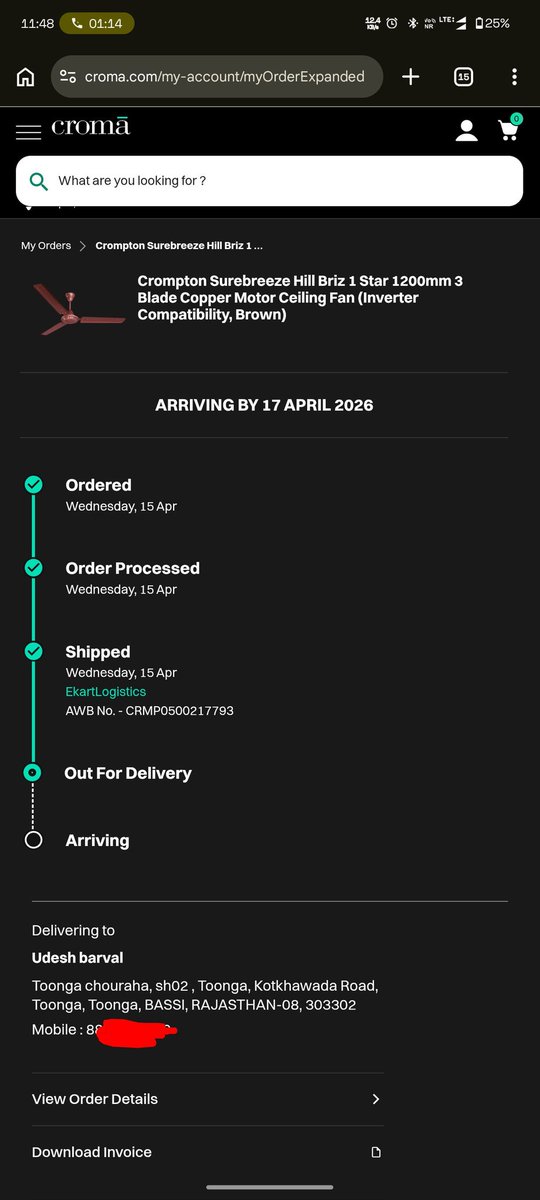 JIGRI_DK's tweet photo. @cromaretail My order which was supposed to be delivered on 17th April is still not out of delivery. What a poor service you are providing. https://t.co/bngtv1BdEe
