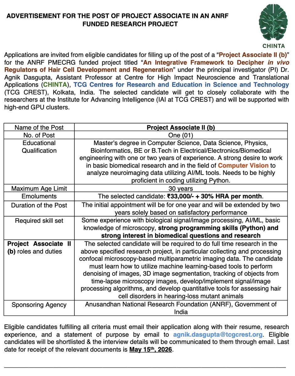 chinta_tcgcrest's tweet image. 📢Job opportunity:  Dr. Agnik Dasgupta's lab at CHINTA is hiring. The project involves application of computer vision techniques to analyze microscopic imaging data in biology.
#CHINTA #RESEARCH #ComputerVision #AIML #TCGCREST #ANRF #PMECRG #jobopenings #lifesciences #sciencejobs