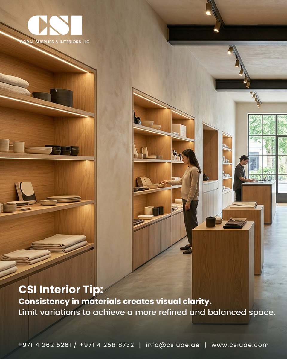 CoralSupplies's tweet image. A well-designed space feels effortless because it’s consistent.
Limiting material variations helps create clarity, balance, and a more refined finish.

Visit: csiuae.com

#designandbuild #fitoutcontractor #interiordesignuae #csiuae #commercialinteriors #uaeinteriors
