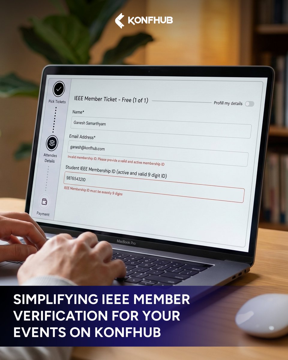 Make registrations smarter, faster, and error-free. ✅

With KonfHub’s IEEE member verification, you can ensure only valid members access exclusive tickets—automatically. No manual checks, no confusion, just membership seamless validation built right into your event flow.