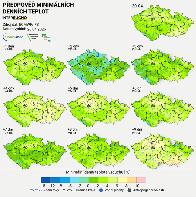 AgroriskC's tweet photo. Teploty se budou ve středu 22.4. blížit bodu mrazu, lokálně nejsou vyloučeny ranní mrazíky. Pořád je tu očekávané ochlazení na příští týden, ale předpovědi na delší období jsou zatížené nejistotou a modely je rádi často mění. Tak uvidíme, snad mrazíky nepoškodí žádnou z plodin. https://t.co/FQP3Zk523I