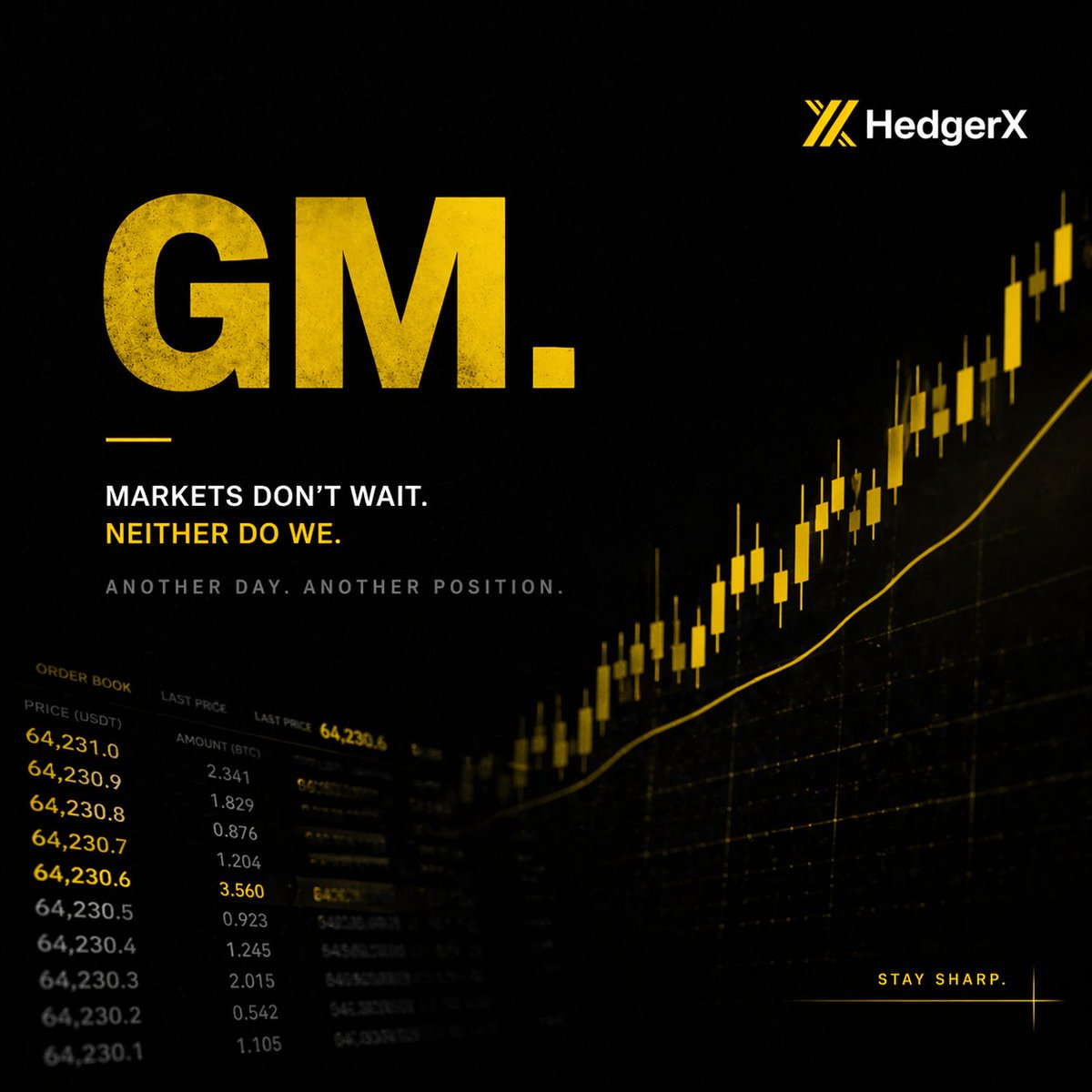 HedgerX_'s tweet photo. GM. 🟡  
Markets are moving.  
Are you? Stay sharp. Execute. ⚡ 
Drop your GM 👇  
 #GM #Crypto #Web3 https://t.co/ayYECP4jYE