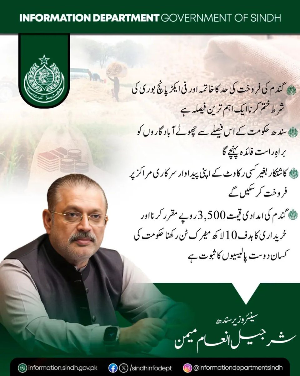 Kaleri_Asad55's tweet image. A major step forward for farmers in Sindh 🌾
Senior Minister Sharjeel Inam Memon has announced the removal of wheat sale limits and the 5-bag per acre condition  empowering small growers and ensuring smooth access to government procurement centers.
#Sindh #Farmers #Agriculture