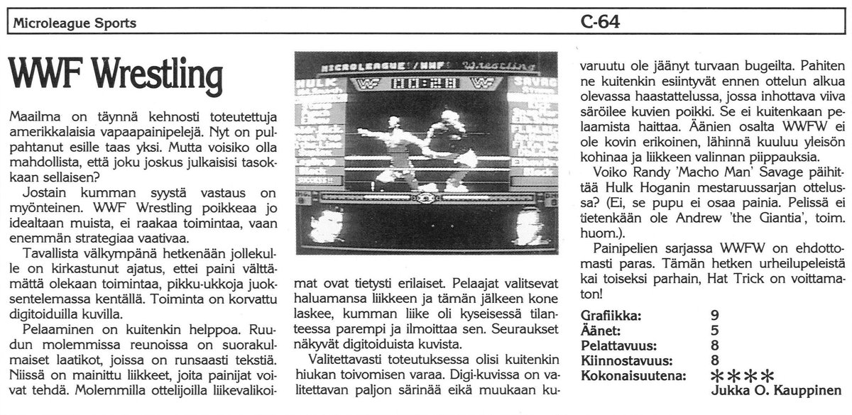 WWFWrestling1's tweet image. MicroLeague Wrestling review from Finnish games magazine Pelit's 1988 Yearbook. "In the series of wrestling games, WWF is definitely the best. Probably the second best of the sports games at the moment, Hat Trick is unbeatable." 🇫🇮 #WWF #WWE #Wrestling #MicroLeagueWrestling