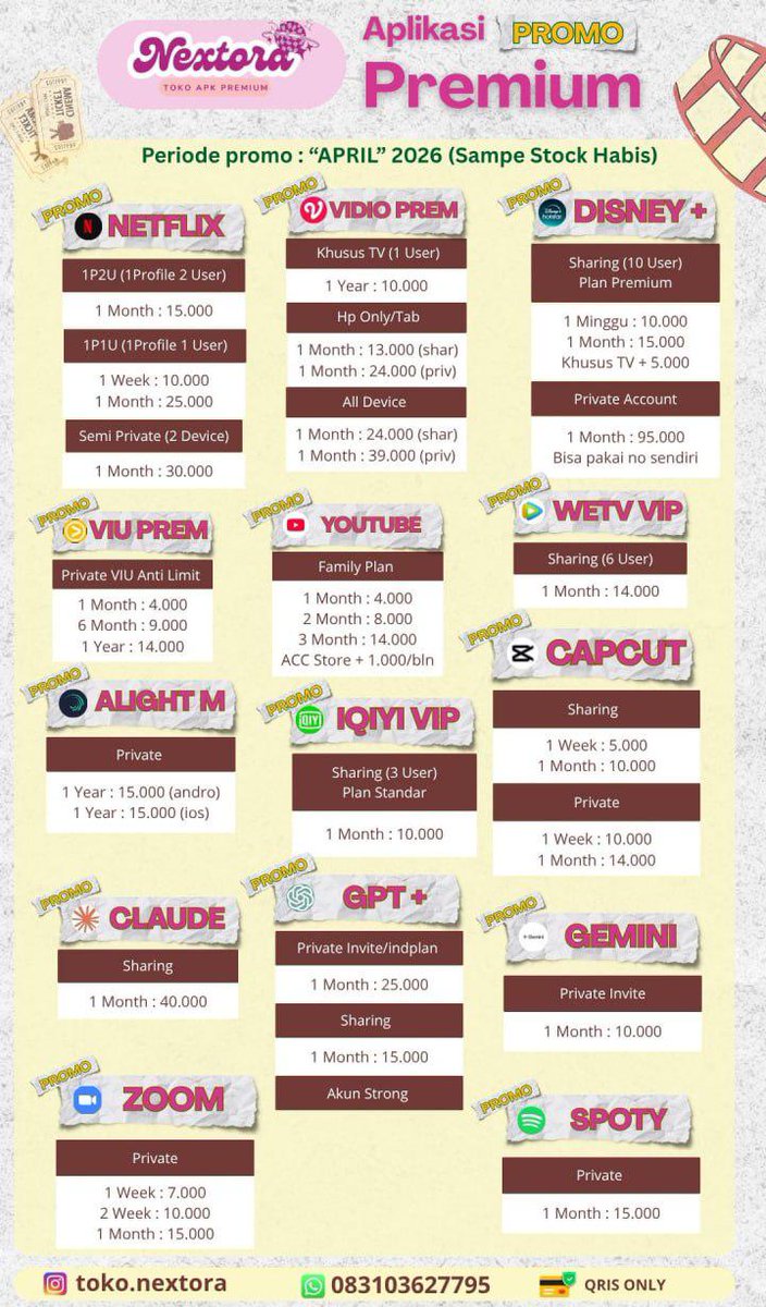 nextoraapps's tweet photo. PROMO APRIL KARTINI✨

Apps Prem ( Netfl1x, V1dio, D1sney, v1u, Youtube, Wet√, C4pcut, iq1yi, 6pt, Claude,Spoty.

khusus bulan juli saja
https://t.co/jpOwERhvkN https://t.co/aqcRBobJ06