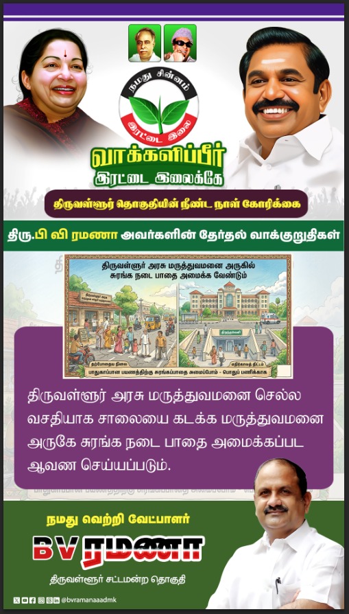 aiadmktvrwest's tweet image. வாக்களிப்பீர் இரட்டை இலைக்கே
திருவள்ளூர் தொகுதியின் நீண்ட நாள் கோரிக்கை
திரு.பி வி ரமணா அவர்களின் தேர்தல் வாக்குறுதிகள்
திருவள்ளூர் அரசு மருத்துவமனை செல்ல வசதியாக சாலையை கடக்க மருத்துவமனை அருகே சுரங்க நடை பாதை அமைக்கப்பட ஆவண செய்யப்படும்.

#PublicSafety #ElectionCampaign