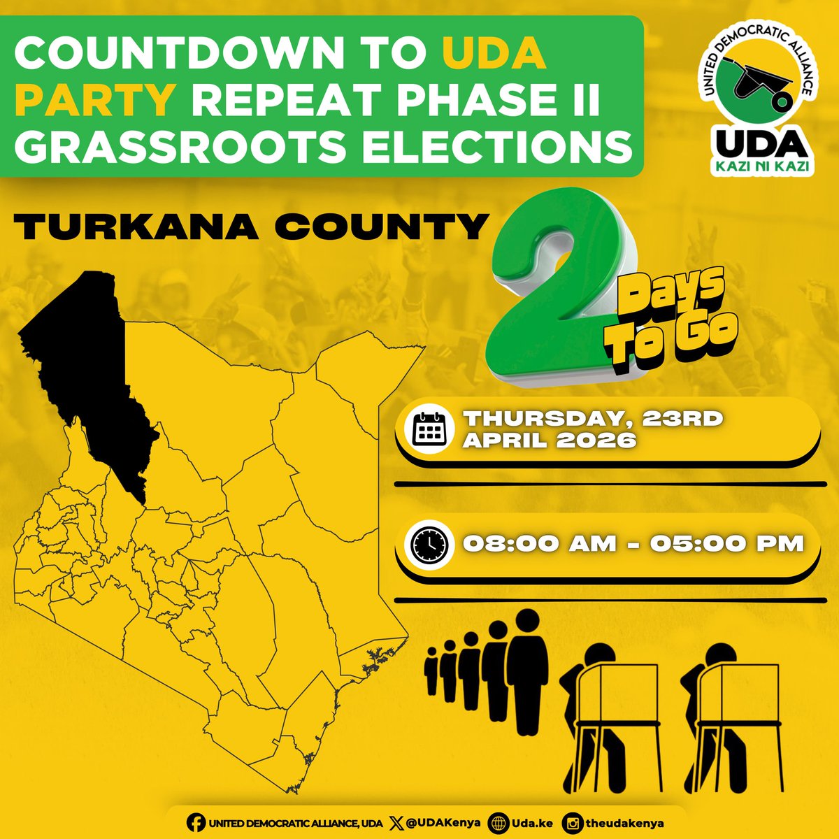 UDAKenya's tweet photo. We are conducting Grassroots Elections in Kisumu, Siaya, Migori, Kisii, Bungoma, Turkana, Makueni, Machakos, Kitui, Isiolo, Marsabit, Taita Taveta, Lamu, Tana River, Kilifi, Kwale, and Mombasa counties on Thursday, 23rd April 2026. https://t.co/Kmf3XhQOMt