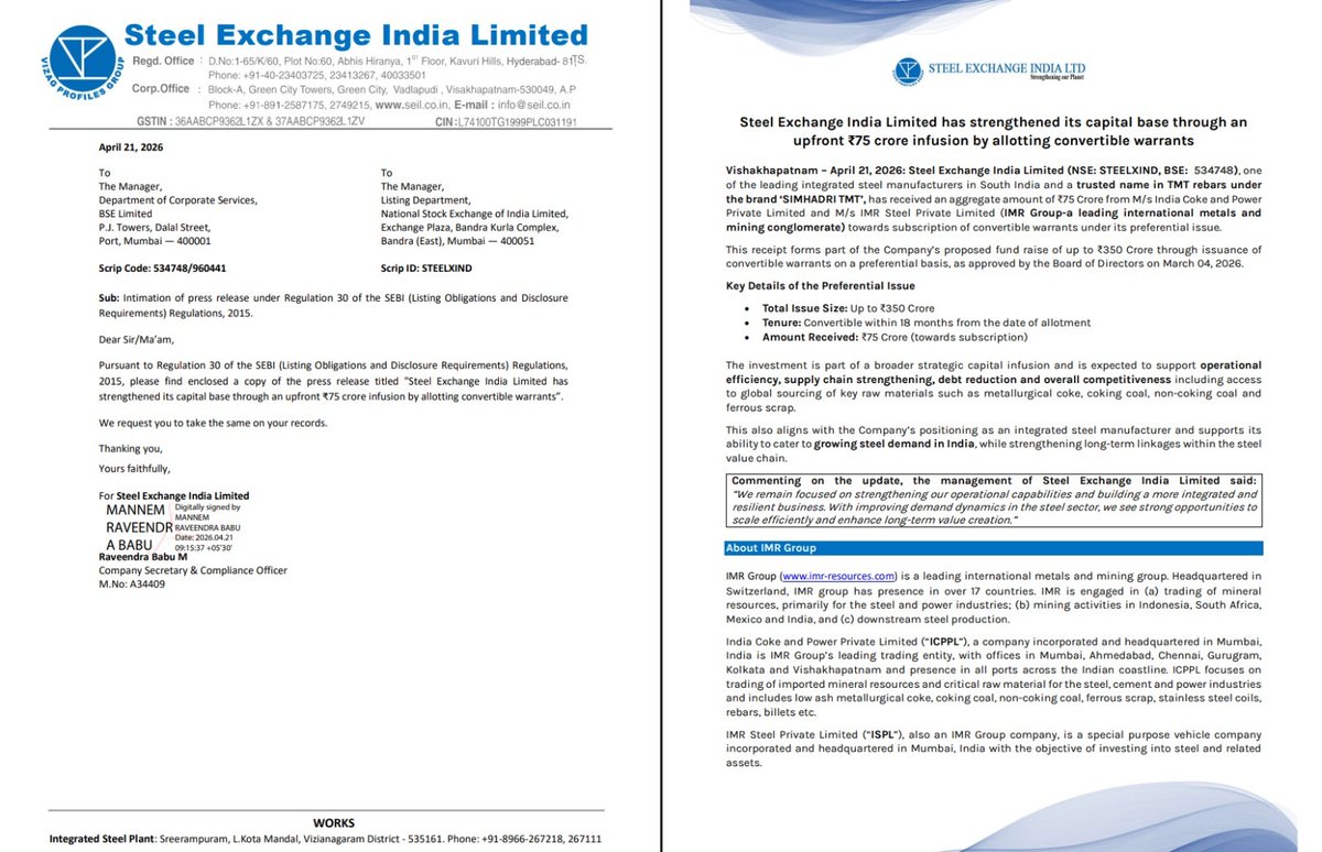 AvinashGoraksha's tweet image. Steel Exchange India has strengthened its capital base through an upfront ₹75 crore infusion towards subscription of convertible warrants under its preferential issue

#SteelExchangeIndia #CapitalInfusion #GrowthStrategy