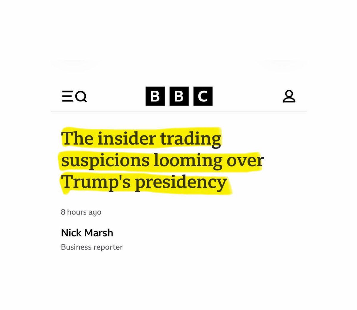 OboLords's tweet photo. 🚨BBC says Trump’s administration is likely involved in illegal INSIDER TRADING.

Really? No way 😄 https://t.co/tqKDDdtS5A