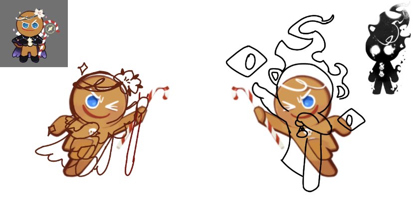 altluck's tweet image. Working on poses for gingerbrave (hopes compass) and ultimate cookie’s gacha illustrations, I had a bright idea to make it so they mirror eachother and tuc still looks at normal gb, yeah it turned questionable very quickly #gingerbrave #ultimatecookie