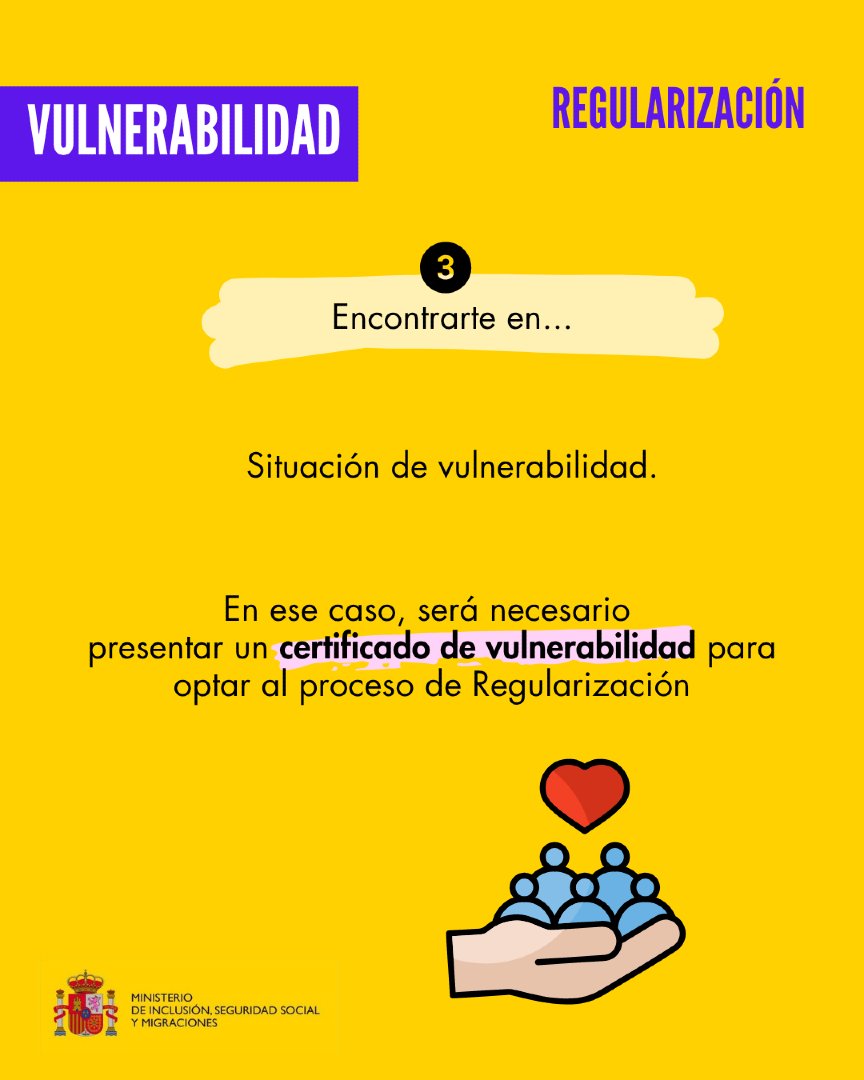 ⁉️Tienes que presentar el certificado de vulnerabilidad en tu proceso de regularización⁉️

🔘No es necesario para solicitantes de protección internacional, ni si has tenido un trabajo o vives en España con tu familia