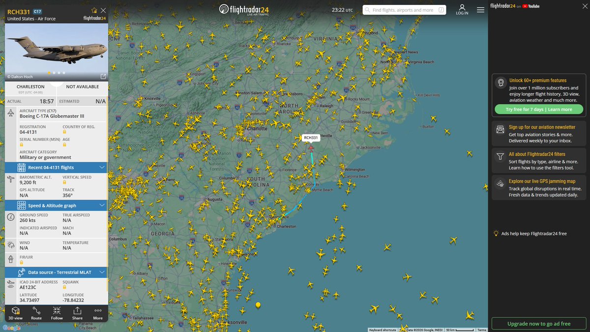 AIYeyENGDdJkjTr's tweet image. Apr. 21, 2026
#Joint Base Charleston #Fort Bragg, North Carolina ==&amp;gt; #Bangor

#RCH331 #AE123C USAF C-17A Globemaster III