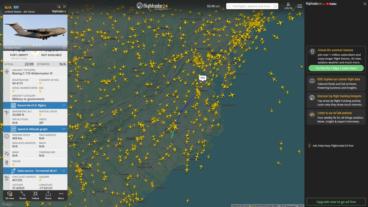 AIYeyENGDdJkjTr's tweet image. Apr. 21, 2026
#Joint Base Charleston #Fort Bragg, North Carolina ==&amp;gt; #Bangor

#RCH331 #AE123C USAF C-17A Globemaster III