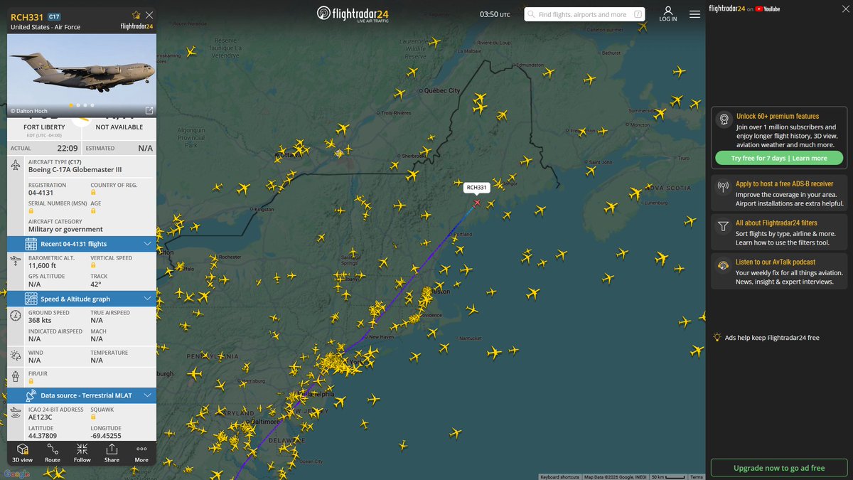 AIYeyENGDdJkjTr's tweet image. Apr. 21, 2026
#Joint Base Charleston #Fort Bragg, North Carolina ==&amp;gt; #Bangor

#RCH331 #AE123C USAF C-17A Globemaster III