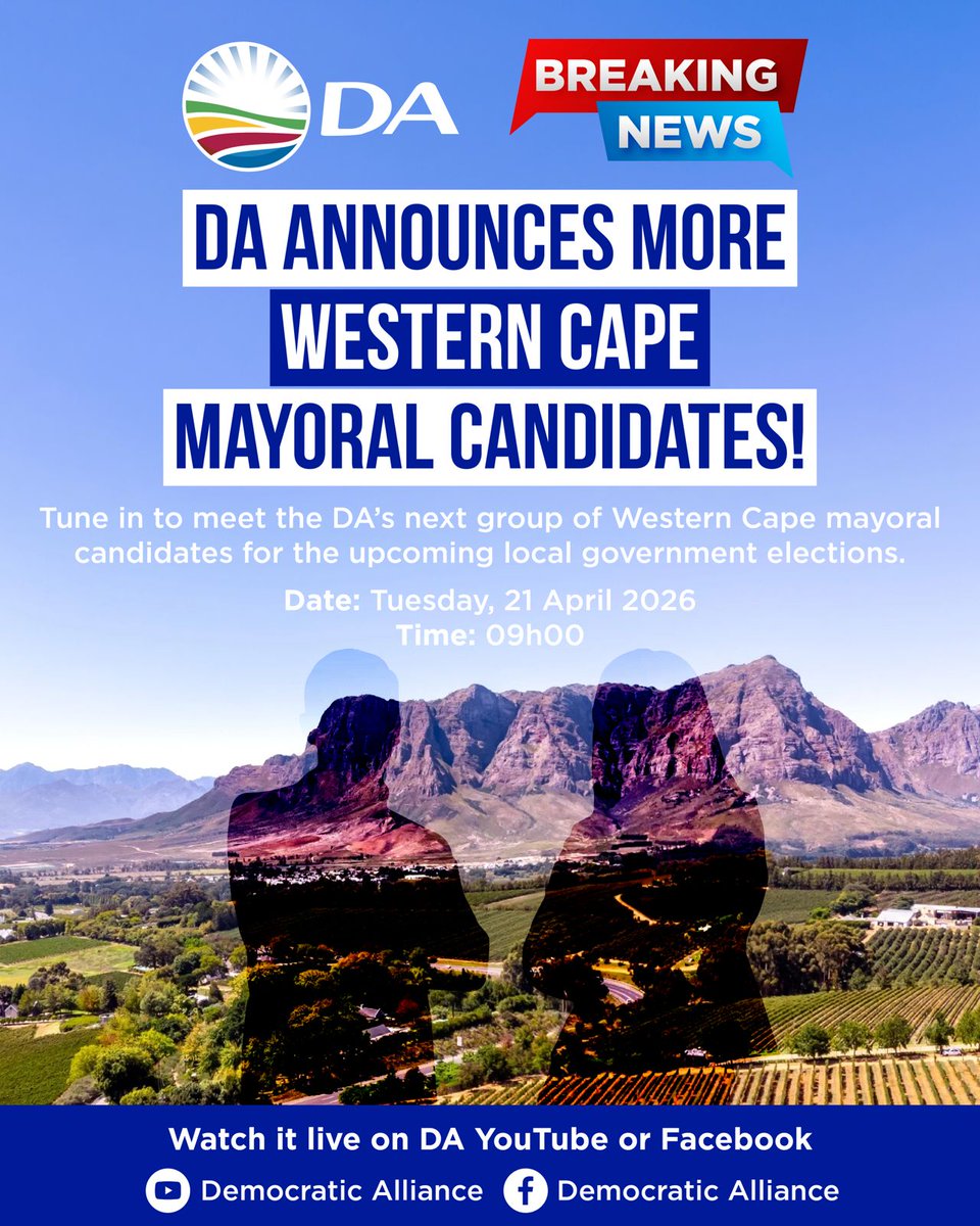 Our_DA's tweet photo. 🚨 Join us live at 9h00 as the next group of Western Cape mayoral candidates as part of our growing leaders who are ready to work to deliver for communities in the lead-up to local government elections.

Watch it live on the DA’s Facebook or YouTube page:  https://t.co/JejrQFOqpU https://t.co/y9wTw8ifvG