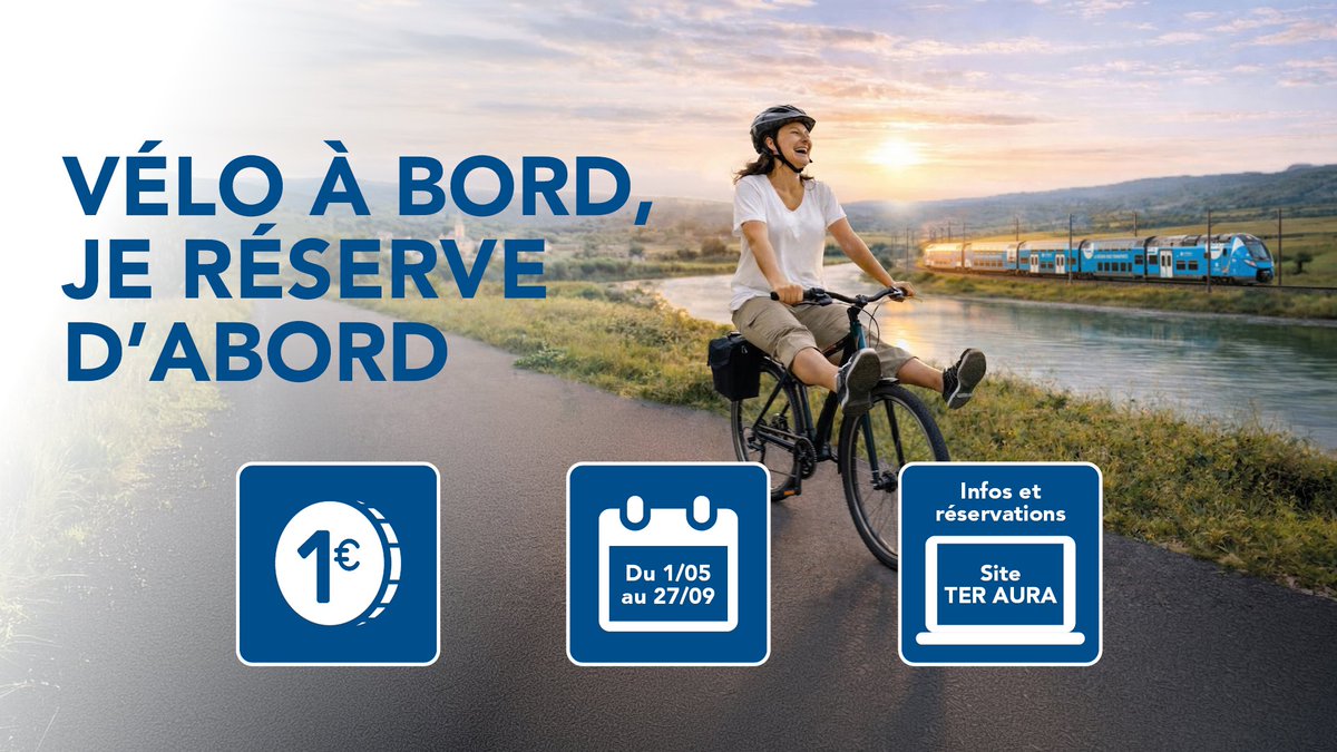 SNCFTERAURA's tweet image. 🚲 Vous voyagez en #TERAURA avec votre #vélo cet été ?

Du 1/05 au 27/09/2026, la réservation vélo (1€) est obligatoire les week‑ends, jours fériés, le 15/05 et tous les jours du 1/07 au 31/08.

📲Plus d’infos : bit.ly/4v8A1ZV