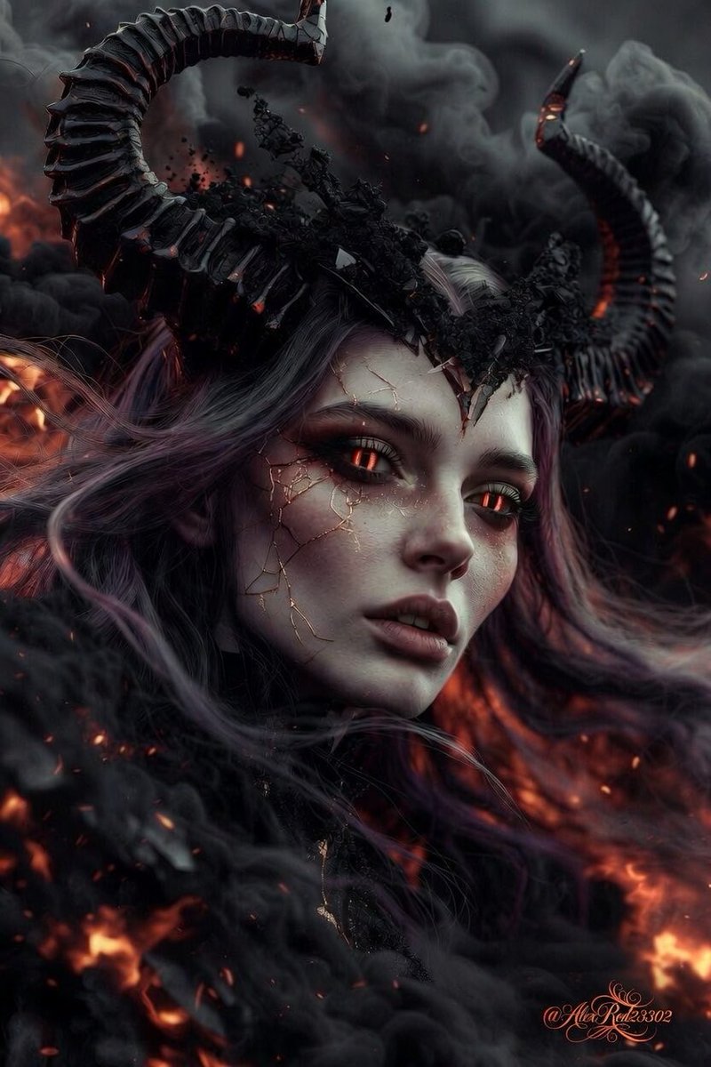 Dans les tourbillons de fumée noire et de braises incandescentes, elle apparaît.
Reine des ombres dévorantes, elle se dresse au cœur du chaos, couronnée de cornes colossales forgées dans la nuit éternelle et l’os des damnés.
Ses yeux rouges, deux abîmes de feu pur, brûlent avec
