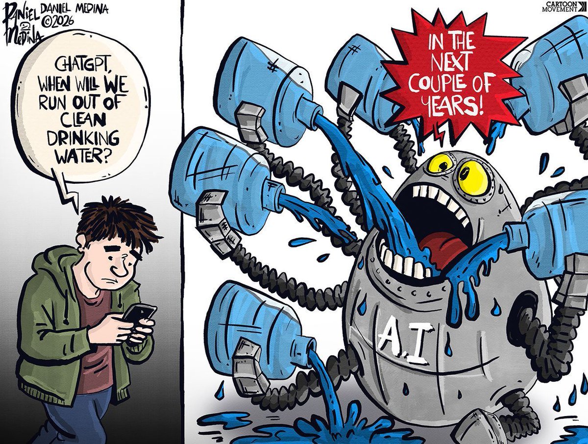 cartoonmovement's tweet image. According to the United Nations, the world is entering an era of global water bankruptcy. Today's cartoon by @danielmedinaart. More cartoons: cartoonmovement.com

#ArtificialIntelligence #AI #water