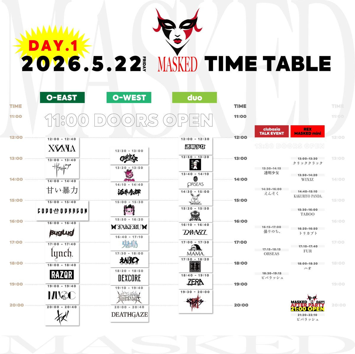 ki_zuofficial's tweet image. ータイムテーブル発表ー

「MASKED 2026🎭」
5月22日(金) , 23日(土)
───────────
Spotify O-EAST/O-WEST
duo MUSIC EXCHANGE

🔻キズの出演は[Spotify O-EAST]
DAY１ ⏱20:00～
DAY２ ⏱12:00～

🎫アップグレード受付中
masked-v.com/posts/58748798 

#キズ #MASKED #V系は自由だ