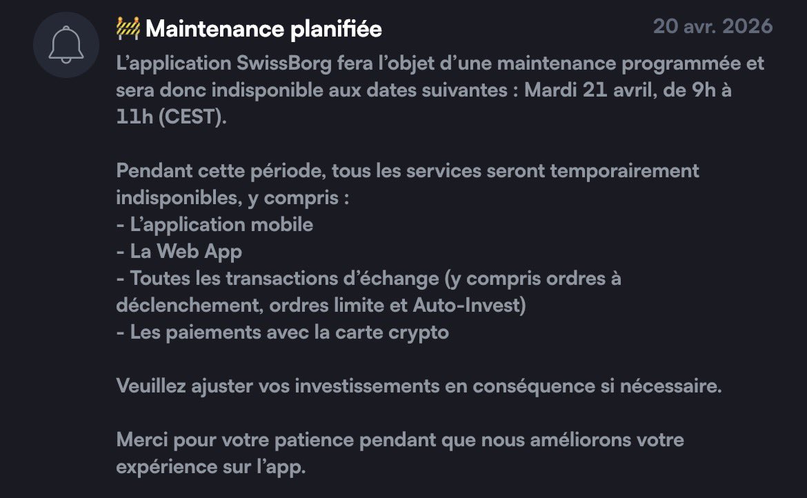SwissBorgMania's tweet image. Rappel, maintenance planifiée de l’appli @SwissBorg 💚 ce matin 🌤️

#BuidL #FutureIsBright solana:3dQTr7ror2QPKQ3GbBCokJUmjErGg8kTJzdnYjNfvi3Z ✅