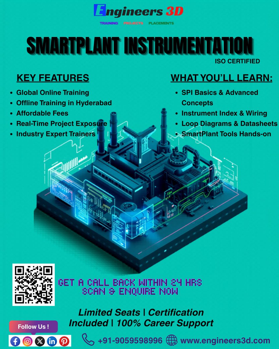 Engineers3d's tweet image. For Enquiry Click the link - forms.gle/QyW9VMDmtUUPvx… or Scanning  the QR code in the poster.
Boost your career with SmartPlant Instrumentation training at Engineers3D. . Limited seats—enroll now and get certified!

 #InstrumentationEngineering #Engineers3D #HyderabadTraining