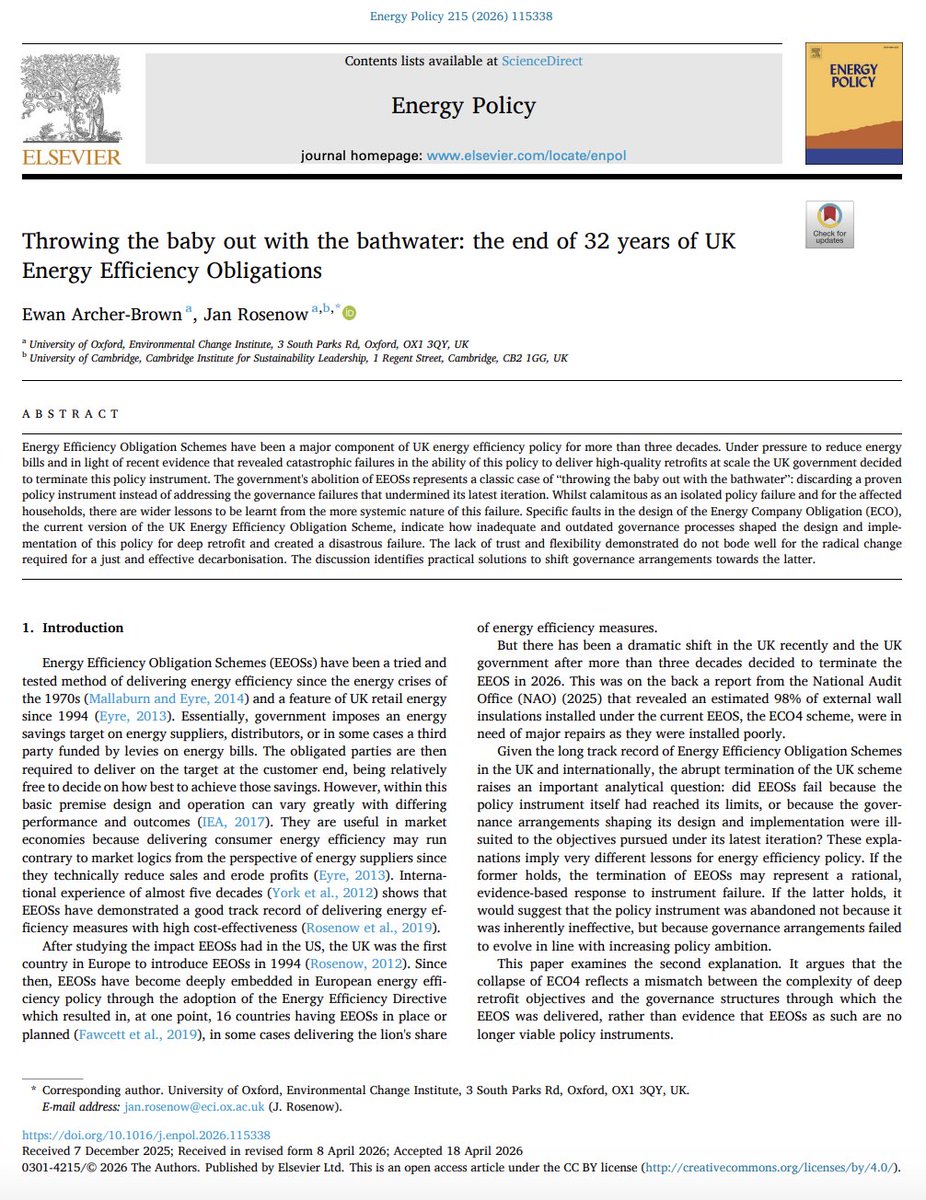 janrosenow's tweet image. New paper out 🎉 The UK just ended 32 years of Energy Efficiency Obligation Schemes.

We argue it's a classic case of throwing the baby out with the bathwater — ECO4 failed due to governance failures, not instrument failure.

sciencedirect.com/science/articl…