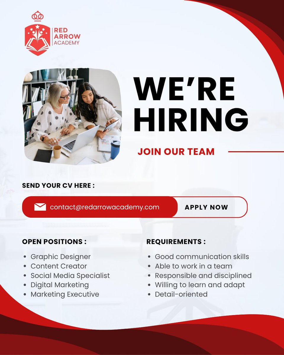 REDARRO75050695's tweet photo. We're Hiring! Join Our Team!
.
.
.
#NowHiring #WeAreHiring #redarrowacademy #JobOpportunity #CareerGrowth #JoinOurTeam #HiringAlert #DreamJob #WorkWithUs #JobOpening #jobsearch https://t.co/1yMgCpsiBQ
