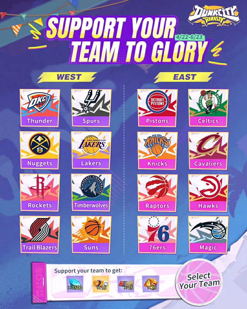 citydynastyglo's tweet image. 🏆 Support Your Team to Glory

Pick your playoff team
Complete missions
Earn rewards 💎🎟️

Event runs from: 04.22 – 06.23
The better they perform, the more you get. 👀

#DunkCityDynasty #SupportYourTeam #NBAPlayoffs #ICalledGame