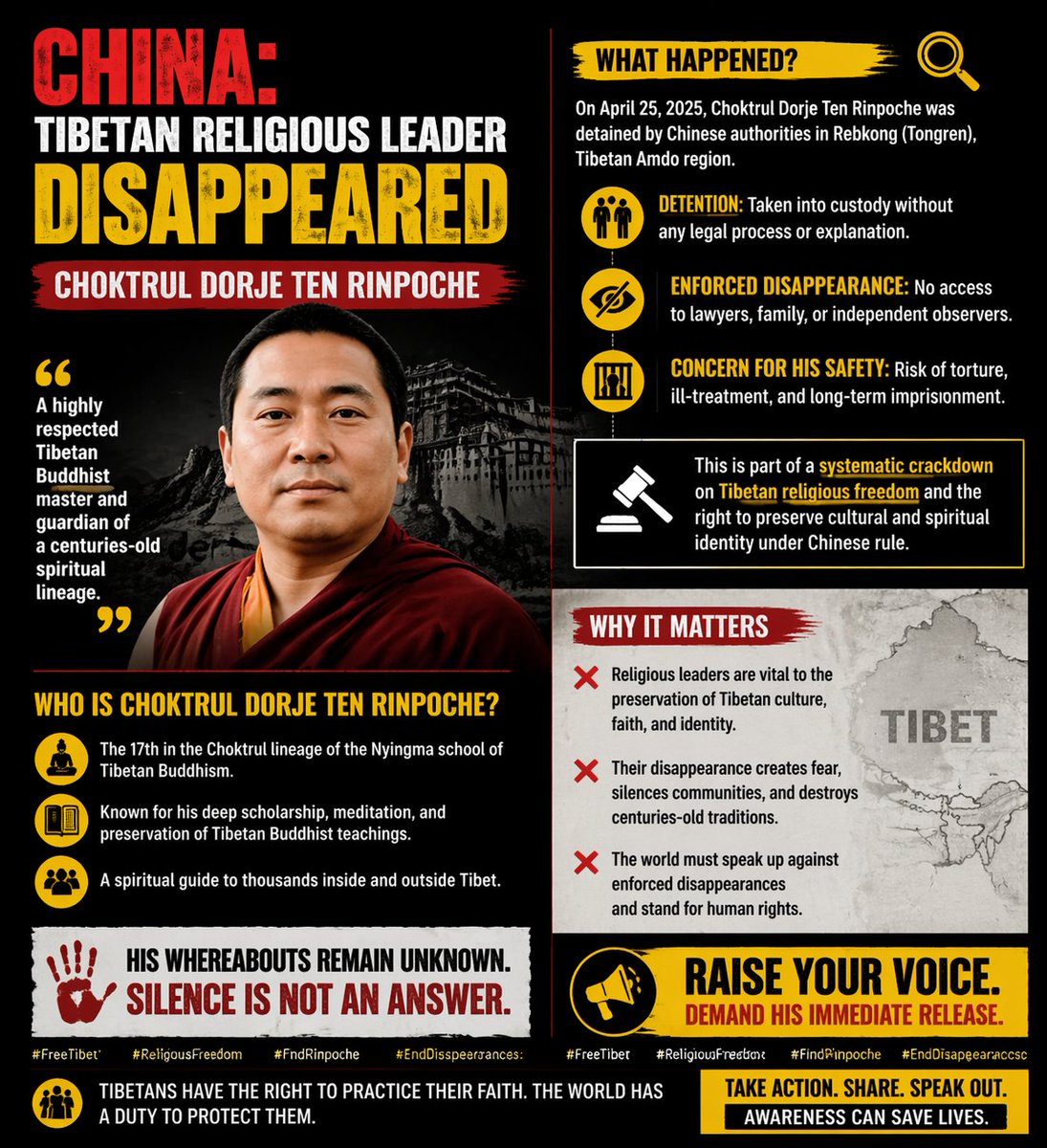 justice4_tibet's tweet photo. Urgent alarm over the disappearance of Tibetan religious leader Choktrul Dorje Ten Rinpoche, 

who was taken by Chinese authorities in 2023 and remains missing amidst severe restrictions in Tibet. 

His detention highlights ongoing repression of religious freedom, cultural identity, and human rights under China’s rule. 

The international community must demand transparency, accountability, and his safe release. Tibetan spiritual leaders should not be silenced. 

#FreeChoktrulDorje #Tibet #HumanRights #ReligiousFreedom