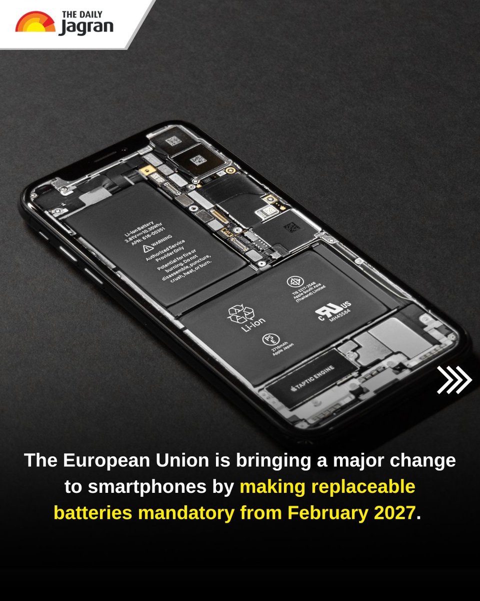 TheDailyJagran's tweet photo. #SwipeToRead | The European Union is pushing smartphone brands towards a future of longer-lasting, easier-to-repair devices with strict new rules rolling out between 2025 and 2027. 

From user-replaceable batteries and repair manuals to spare parts availability, durability ratings and battery health labels, the regulations are designed to reduce waste and make phones more useful for years instead of just months.

By 2027, users in Europe could even replace their phone batteries at home using basic tools.

#EuropeanUnion #Smartphones #Brands #Labels #Europe

[European Union, Smartphones, Brands, Labels, Europe, The Daily Jagran]