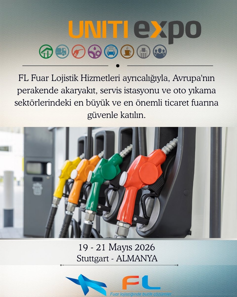 FlFuar's tweet photo. FL Fuar Lojistik Hizmetleri ayrıcalığıyla, Avrupa'nın perakende akaryakıt, servis istasyonu ve oto yıkama sektörlerindeki en büyük ve en önemli ticaret fuarına güvenle katılın.
#unitiexpo2026 https://t.co/Si3CJ8G77i