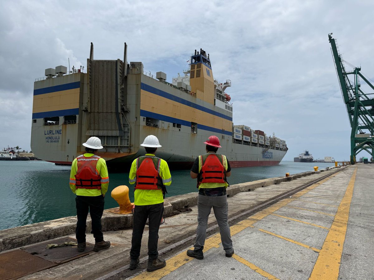 GuamPort's tweet photo. The Port Authority of Guam continues to advance recovery operations with the successful departure of the APL Oceania and the arrival of the Matson Lurline, ensuring the steady flow of critical cargo into the island. https://t.co/Pry3YQzZN5