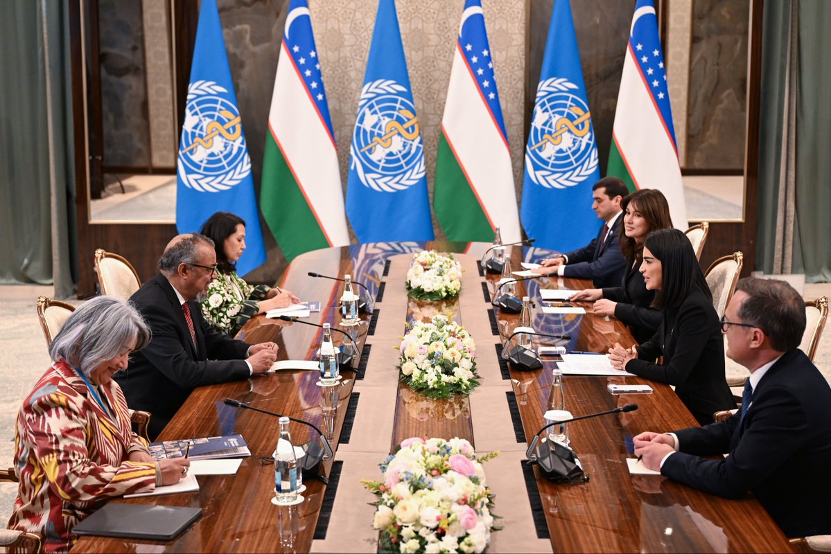 SMirziyoyeva's tweet image. On the sidelines of the Samarkand forum on countering drug threats, I met with @DrTedros Adhanom Ghebreyesus, Director-General of @WHO.

We discussed key priorities for further strengthening cooperation between #Uzbekistan and the #WHO. Particular attention was given to ongoing